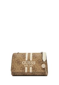 Borsa a tracolla marrone con motivo e strisce bianche, logo GUESS. Dotata di una catena e di una tracolla in pelle per un facile trasporto. Texture liscia.