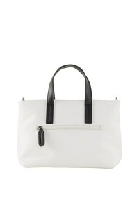 Sac à main blanc avec des poignées en cuir noir et une poche zippée à l'avant. Le matériau est lisse, avec une forme rectangulaire structurée et des accents minimaux.