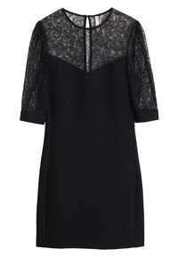 Schwarzes Kleid mit einer Spitzenüberlagerung an den Schultern, kurzen Ärmeln und einem Schlüsselloch-Design im Rücken. Glatter Stoff mit einer taillierten Silhouette.