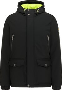 Veste isolante noire avec capuche, doublure vert citron, fermetures éclair latérales et grandes poches avant ; équipée de fermetures à pression et à glissière.