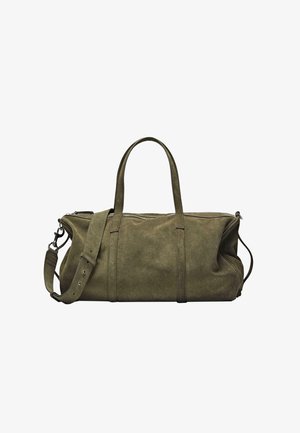 Borsa a mano in camoscio verde oliva con doppi manici superiori, tracolla regolabile e scomparto principale con chiusura a zip.