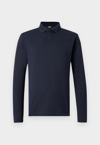 Langermet marineblå polo skjorte med krage og to-knapps knappelukking, laget av teksturert stoff, presentert på en enkel hvit bakgrunn.