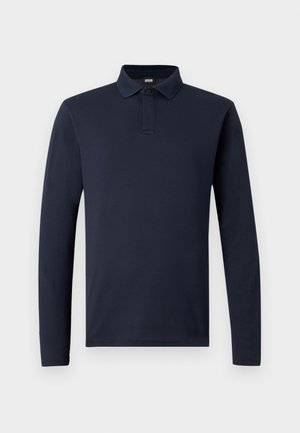 Long-sleeve navy blue polo shirt with collar and two-button placket, made from textured fabric, displayed on a plain white background.