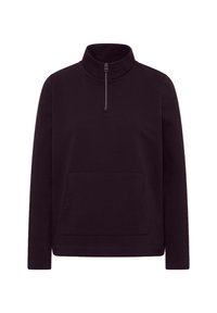 Pull noir en tissu doux, doté d'un col haut avec une fermeture éclair et d'une poche kangourou sur le devant. Manches longues avec des poignets côtelés.