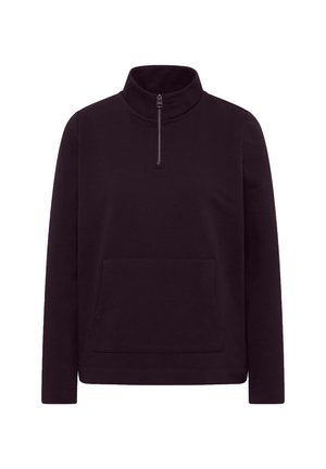 Pull noir en tissu doux, doté d'un col haut avec une fermeture éclair et d'une poche kangourou sur le devant. Manches longues avec des poignets côtelés.
