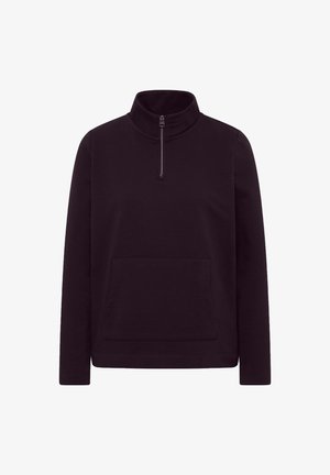 Sort pullover i blødt stof, har en høj krave med lynlås og en frontlomme i kangaroo-stil. Lange ærmer med ribbede manchetter.