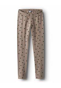 Barna leggings, puha anyagból készült, apró fekete szívek ismétlődő mintájával. Rugalmas derékpánt a kényelem és a megfelelő illeszkedés érdekében.