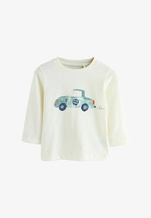 T-shirt a maniche lunghe in cotone crema con grafica di un'auto in acquerello verde con il numero 82, collo rotondo e vestibilità rilassata.