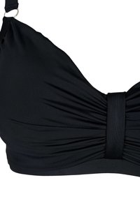 Top bikini nero con design arricciato, dotato di una fascia centrale e spalline regolabili. Realizzato in materiale liscio ed elastico.