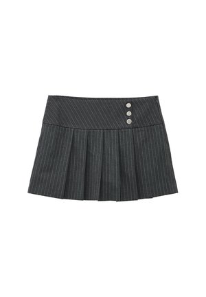 Black pinstriped pleated skirt with a fitted waistband, featuring three silver-tone buttons on the front. Fabric has a smooth texture.