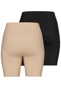 Två par elastiska shapeshorts: ett par i nude och ett par i svart. Båda har en slät yta och hög midja för stöd.