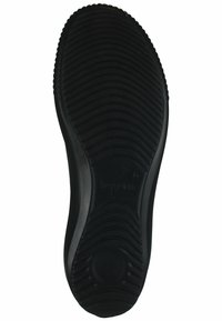 Schwarze Gummisohle mit horizontalen und vertikalen Rillen für mehr Grip, einem glatten Rand und eingeprägtem Markennamen.