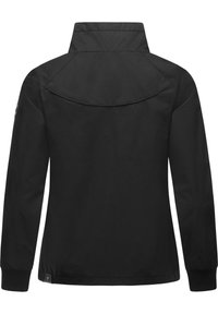 Juodas švarkas su aukšta apykakle, ilgomis rankovėmis ir elastingais rankogaliais. Lygus paviršius, minimalus dizainas ir logotipo detalė ant rankovės.