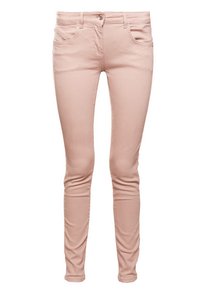 Růžové skinny džíny vyrobené z bavlněné směsi, s klasickým pětipocket designem, jemným šitím a zipovým zapínáním na knoflík.