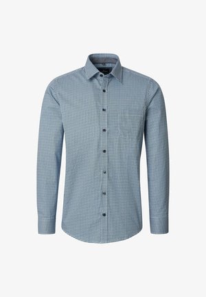 Heren overhemd met lange mouwen, knoopsluiting, blauwe en zwarte kleine geometrische print en puntkraag, op witte achtergrond.