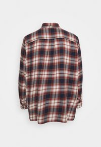Camicia di flanella a maniche lunghe con motivo a quadri rosso, blu navy, grigio e bianco, vista dal retro su uno sfondo bianco.