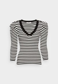 Gestreifter Pullover in Schwarz und Weiß mit V-Ausschnitt, figurbetonter Silhouette, geripptem Stoff und gepufften Ärmeln, die mit metallischen Schulterknöpfen verziert sind.