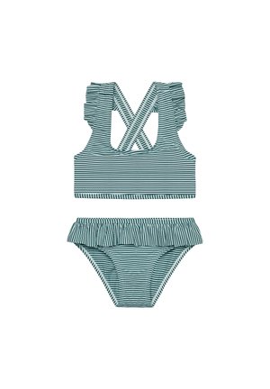 Gestreifter zweiteiliger Badeanzug in Türkis und Weiß. Das Oberteil hat gerüschte Träger mit gekreuztem Rücken; der Unterteil verfügt über einen gerafften Bund.