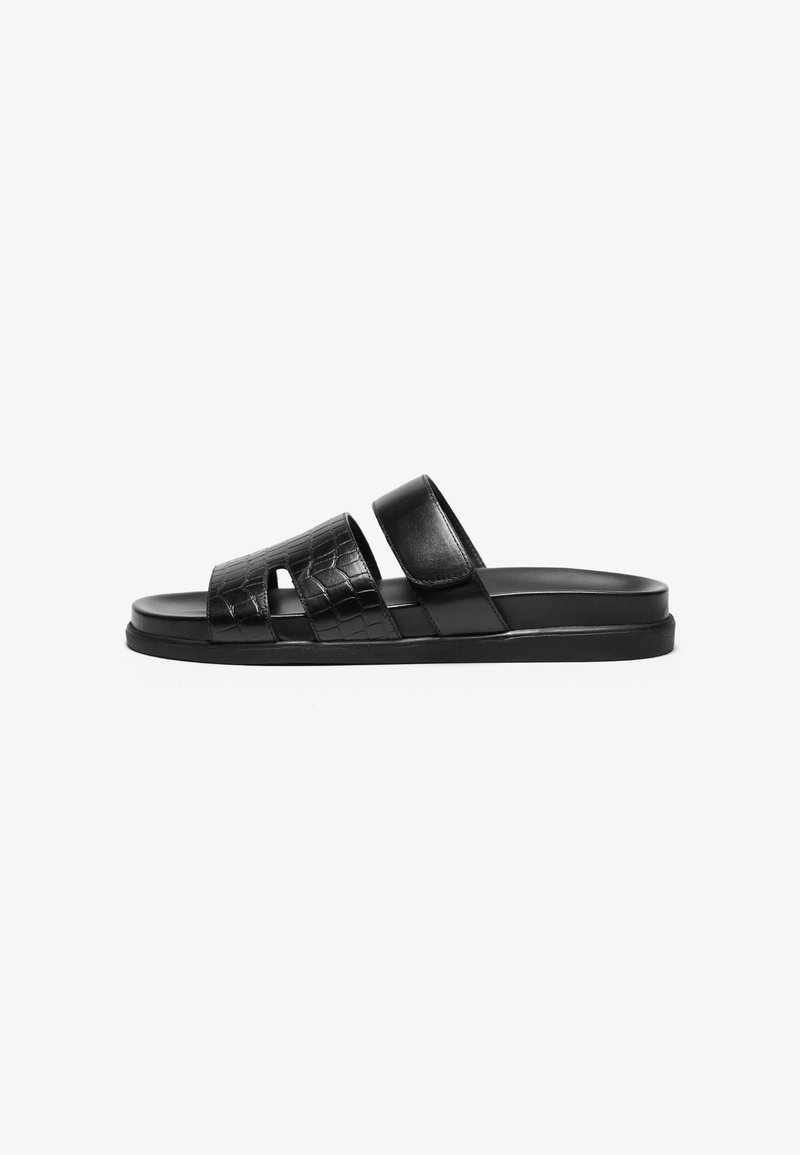 Sorte sandaler i sort med to brede stropper; den ene har et tekstureret, krokodillelignende mønster. Sålen er flad med en glat overflade.