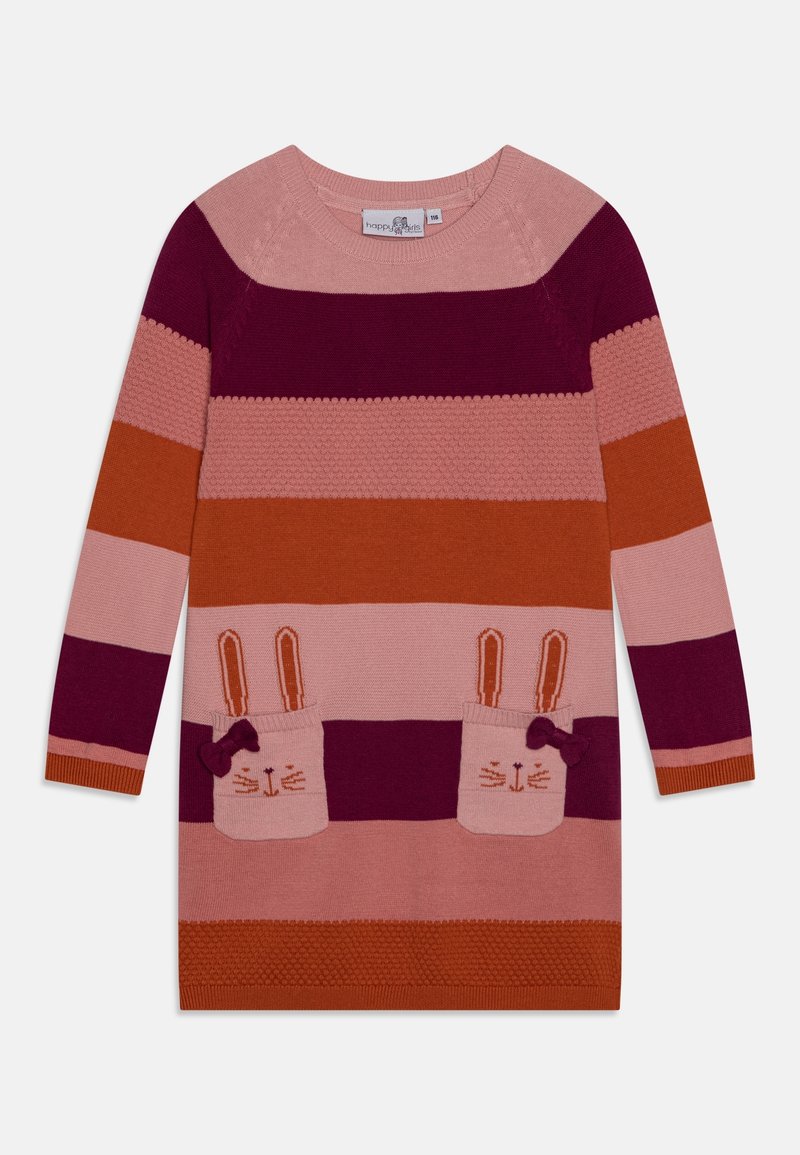 Robe en maille à manches longues avec des rayures roses, orange et bordeaux, dotée de deux poches avant représentant des visages de lapin avec oreilles et nœuds.