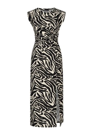 Robe maxi imprimée zèbre en noir et beige avec des manches courtes, un détail de nœud torsadé à la taille et une fente sur le côté pour faciliter les mouvements.