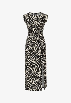 Maxikleid mit Zebra-Print in Schwarz und Beige, mit kurzen Ärmeln, einem gedrehten Knoten-Detail an der Taille und einem Schlitz an der Seite für Bewegungsfreiheit.