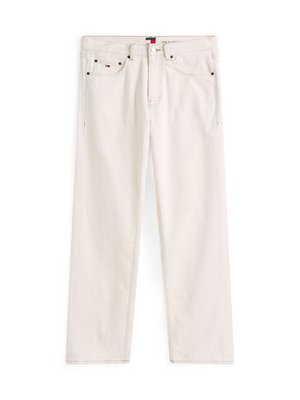 Beige denimjeans met een recht gesneden ontwerp, voorzien van een ritsluiting, vijf zakken en contrasterende stiksels. Merktag op de tailleband.