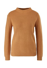 Pull en maille côtelée marron camel avec manches longues et col rond haut, présenté sur fond blanc.