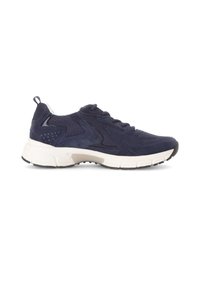 Marineblaue Sportschuhe mit Mesh-Obermaterial, strukturierten Wildlederelementen, weißer Zwischensohle und Gummisohle. Verfügt über eine Schnürverschluss und eine Zuglasche.