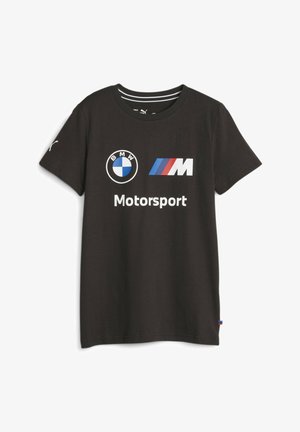 Black cotton short-sleeve t-shirt featuring BMW and M Motorsport logos in white and blue. Classic crew neck with striped neckline and red accent.
