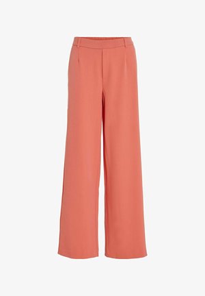 Pantalons larges corail avec une texture lisse, taille élastique et plis avant. Conçus pour le confort et la liberté de mouvement.