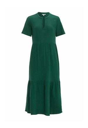 Grünes Midikleid mit kurzen Ärmeln, rundem Ausschnitt mit vorderem Schlüssellochausschnitt und gerafftem Stufenrock.