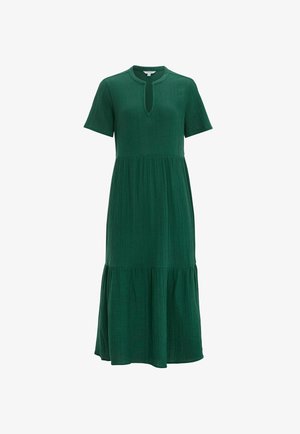 Grünes Midikleid mit kurzen Ärmeln, rundem Ausschnitt mit vorderem Schlüssellochausschnitt und gerafftem Stufenrock.