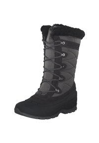 Schwarze und graue wasserdichte Winterstiefel mit einem gesteppten Obermaterial aus Stoff, einem Kunstfellkragen und einer robusten Gummisohle mit Schnürung.