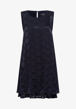 Ärmelloses marineblaues Kleid mit großen strukturierten Polka-Dots, rundem Halsausschnitt und leicht ausgestellter A-Linien-Silhouette.
