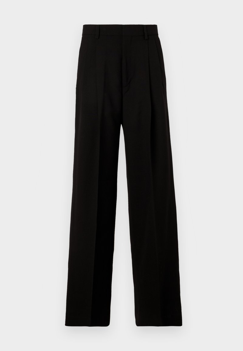 Black wide-leg trousers made of smooth fabric, featuring a high waist, front pleats, and a clean, tailored design without embellishments.