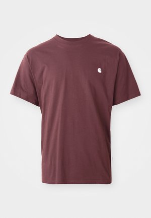 Burgundy cotton t-shirt with short sleeves, crew neck, and a small white logo on the left chest. Smooth texture, relaxed fit.