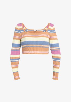 Randig kortärmad tröja med långa ärmar. Har orange, blå och rosa ränder. Tillverkad av ribbat tyg. Fyrkantig urringning.