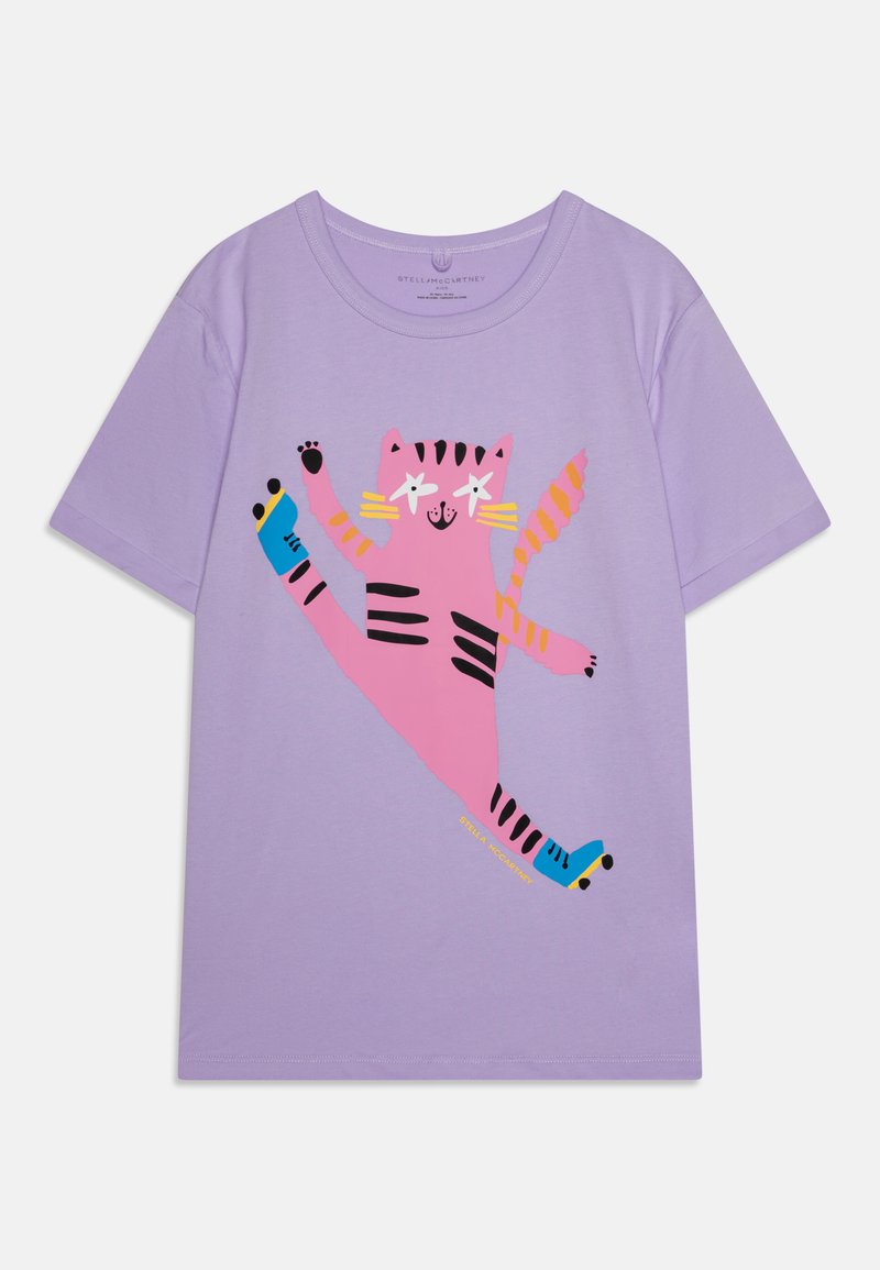 Purple cotton T-shirt featuring a pink cat design with black stripes and colorful socks. Standard crew neck, short sleeves, and relaxed fit.