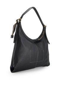 Black leather hobo bag with a smooth texture, a curved design, and gold hardware accents. Features white stitching and a zipper closure.