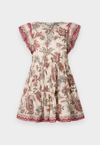 Robe à imprimé floral en crème avec des accents rouges et gris, manches courtes, décolleté en forme de clef et jupe à volants plissés. Tissu en coton.