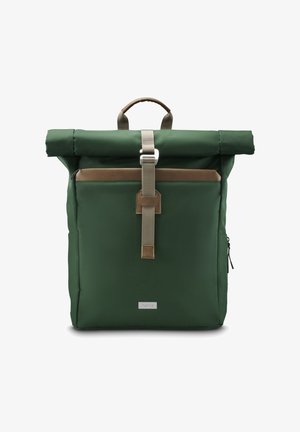Green roll-top backpack with a textured surface. Features brown accents, a strap buckle, and a side zip pocket for storage.