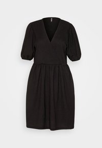 Vestido negro con escote en V, mangas abullonadas y cintura fruncida. Hecho de una tela texturada, con un diseño a la altura de la rodilla.