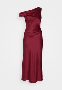 Burgundi satino suknelė su off-shoulder dizainu, šifonu bodice ir A-formos siluetu, pasižyminti lygiu paviršiumi ir elegantišku drapavimu.