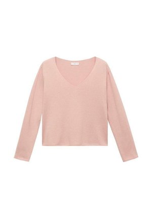 Maglione rosa chiaro a maniche lunghe con scollo a V, texture morbida e vestibilità rilassata, con un silouette cropped.
