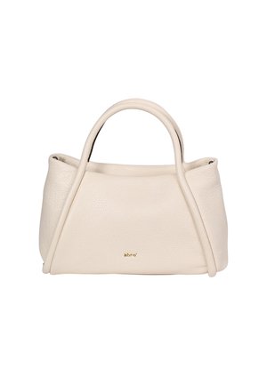 Cremfarbene Lederhandtasche mit strukturierter Oberfläche, verfügt über gebogene Griffe, eine strukturierte Form und ein kleines goldenes Logo auf der Vorderseite.