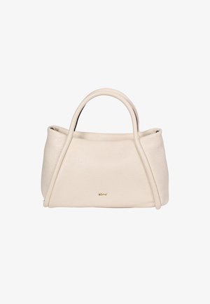 Cream-colored leather handbag with a textured finish, features curved handles, a structured shape, and a small gold logo on the front.