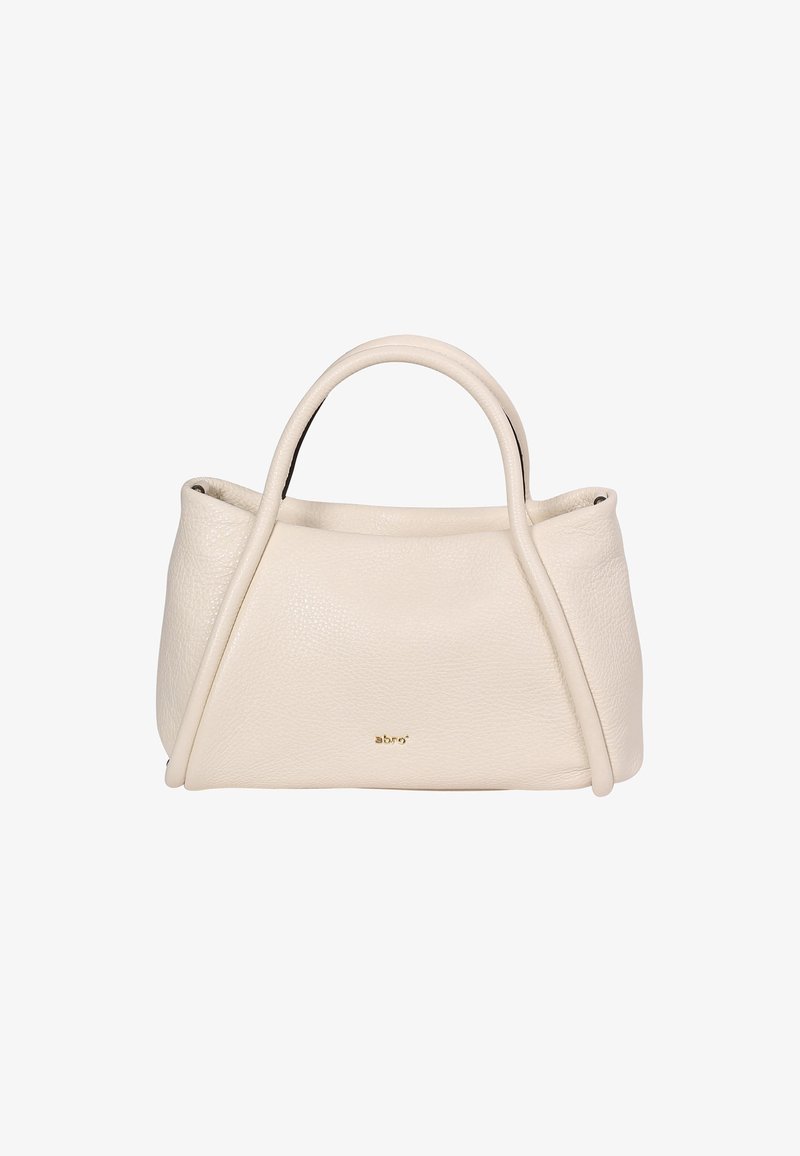 Cream-colored leather handbag with a textured finish, features curved handles, a structured shape, and a small gold logo on the front.