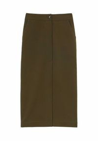 Gonna verde oliva a lunghezza ginocchio realizzata in tessuto liscio, con chiusura frontale a bottoni, due tasche laterali e dettagli di cucitura sottili.