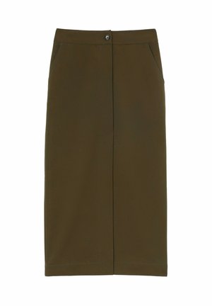 Falda de color verde oliva hasta la rodilla, hecha de una tela suave, con cierre de botones frontales, dos bolsillos laterales y sutiles detalles de costura.